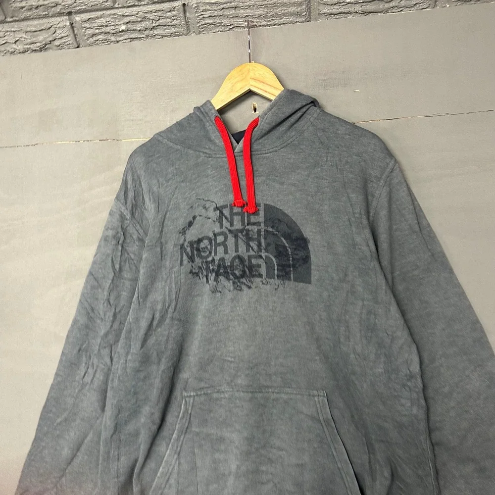 The‎ North Face Mens XL Hoodie Grey Distressed Graphic Logo Pullover Sweatshirt